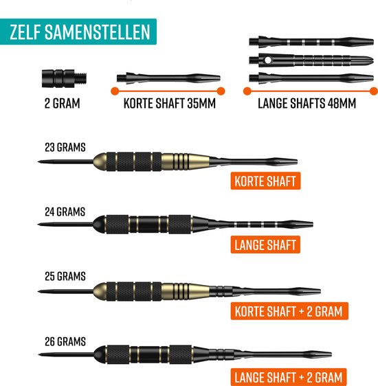 Napi Darts - 6 Dartpijlen (64-delig) - 23, 24, 25, 26 Gram Dartspijlen - 2 Sets Premium Brass Pijlen - Steeltip - Inclusief Dart Flights & Case