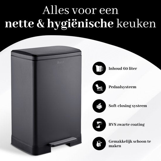 Bayt Prullenbak - Prullenbak 60 Liter - Pedaalemmer 60 liter - Vuilnisbak 60 liter - Afvalbak - Inclusief 2 rollen vuilniszakken - RVS - Zwart