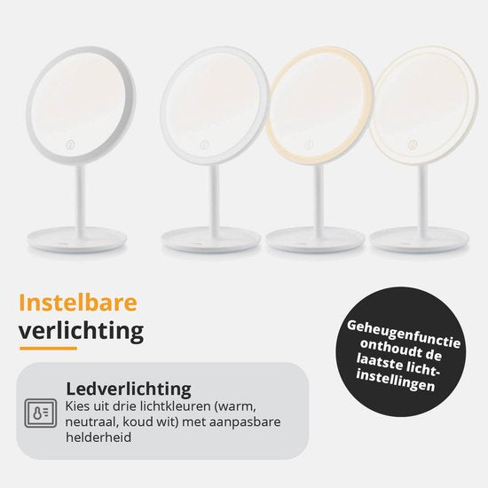 ETA Fenité Make Up Spiegel met Verlichting – Vergroot 5 Keer Magnetisch – Kantelbaar en Oplaadbaar via USB-C – Lichtkleur Instelbaar – Ø20 cm – Wit