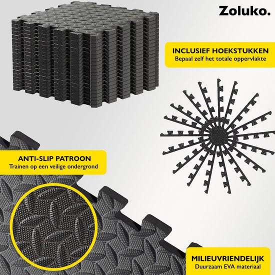 Zoluko Puzzelmat - 60x60x1.2 cm - 12 stuks - 4.32m² - Puzzel Mat - Puzzelmatten - Speelmat Foam - Baby speelmat - Foam Tegels - Rubber Tegels - zwembad tegels - zwembadtegels - Vloertegels - fitnessmat - fitness mat - Yoga Mat - Thuis Sporten – Zwart