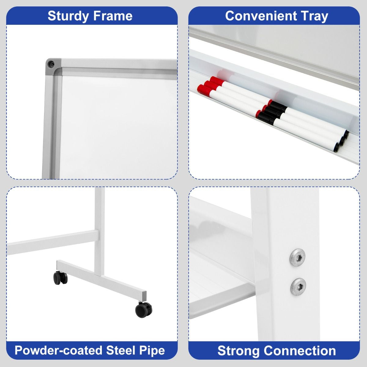 Coast Dubbel -zijdige magnetisch mobiel whiteboard verstelbaar droog dipable paneel op wielen wit