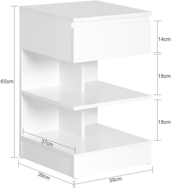 SoBuy Lot de 2 Bijzettafel, Nachtkastje met 1 Lade & 3 Legplanken, Scandinavisch Design Salontafel voor Woonkamer of Slaapkamer, Wit, 39x65x39cm, FBT49-Wx2