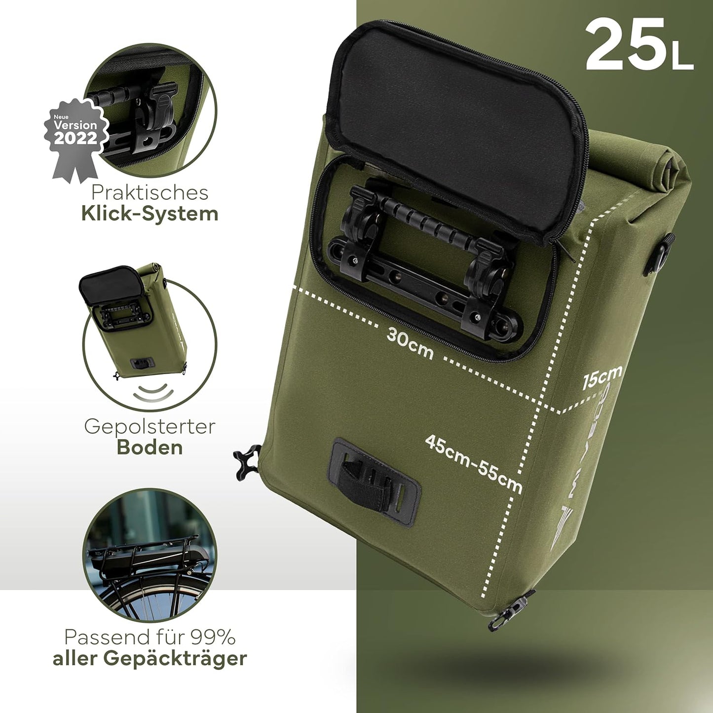 MIVELO 3-in-1 Fietstas voor Bagagedrager - 100% waterdicht - PVC-vrij - Olijfgroen – 25L