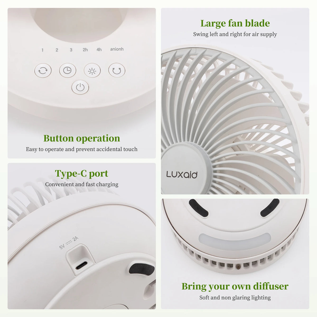 Luxaid Foldable Desk Fan with Remote, 4000 mAh Battery, Type-C Charging, 3 Speeds, 4 H Timer, Night Light, Wall-Mounted, Portable & Compact