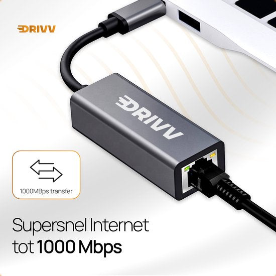 Drivv. USB-C naar Ethernet Adapter / Internet / Netwerk - 10/100/1000 MBps - Grijs