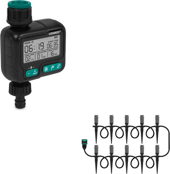VONROC Watertimer en Irrigatiesysteem – Complete starterset – automatische bewateringsset/druppelsysteem – digitale watertimer – 3 sprinklerstanden: druppelen, vernevelen & sproeien – Incl. 15m slang, 10x sprinkler/waterdruppelaar, 10x slanghouder