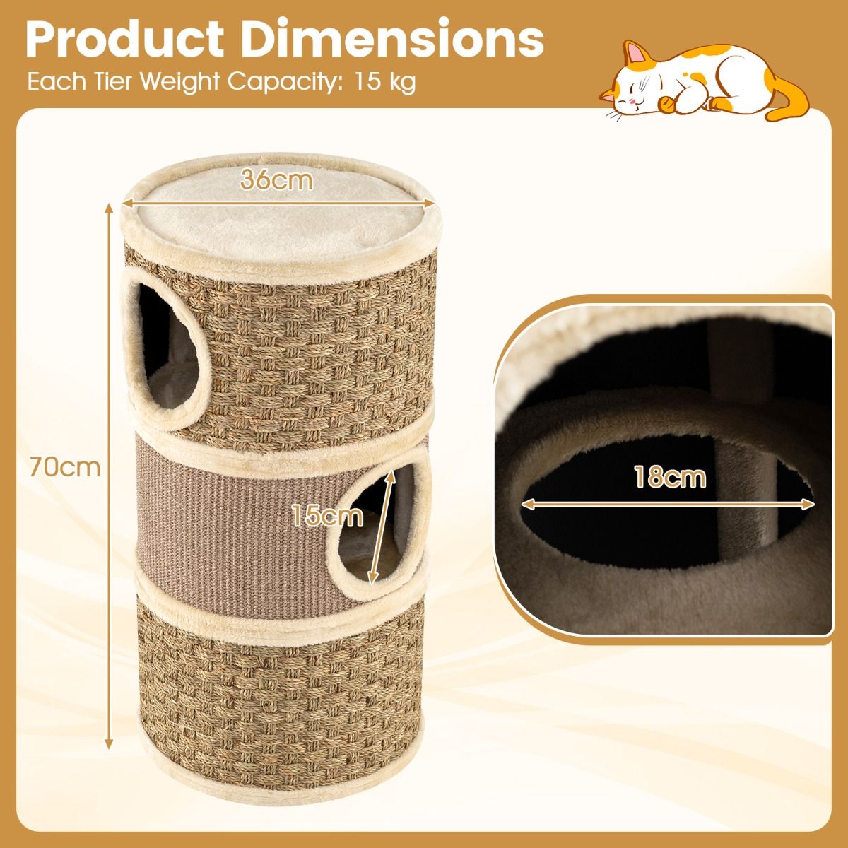 Coast Kattentoren met 3 verdiepingen - sisal krabpaal - knusse slaapplaatsen - kaki en bruin - 36 x 36 x 70 cm