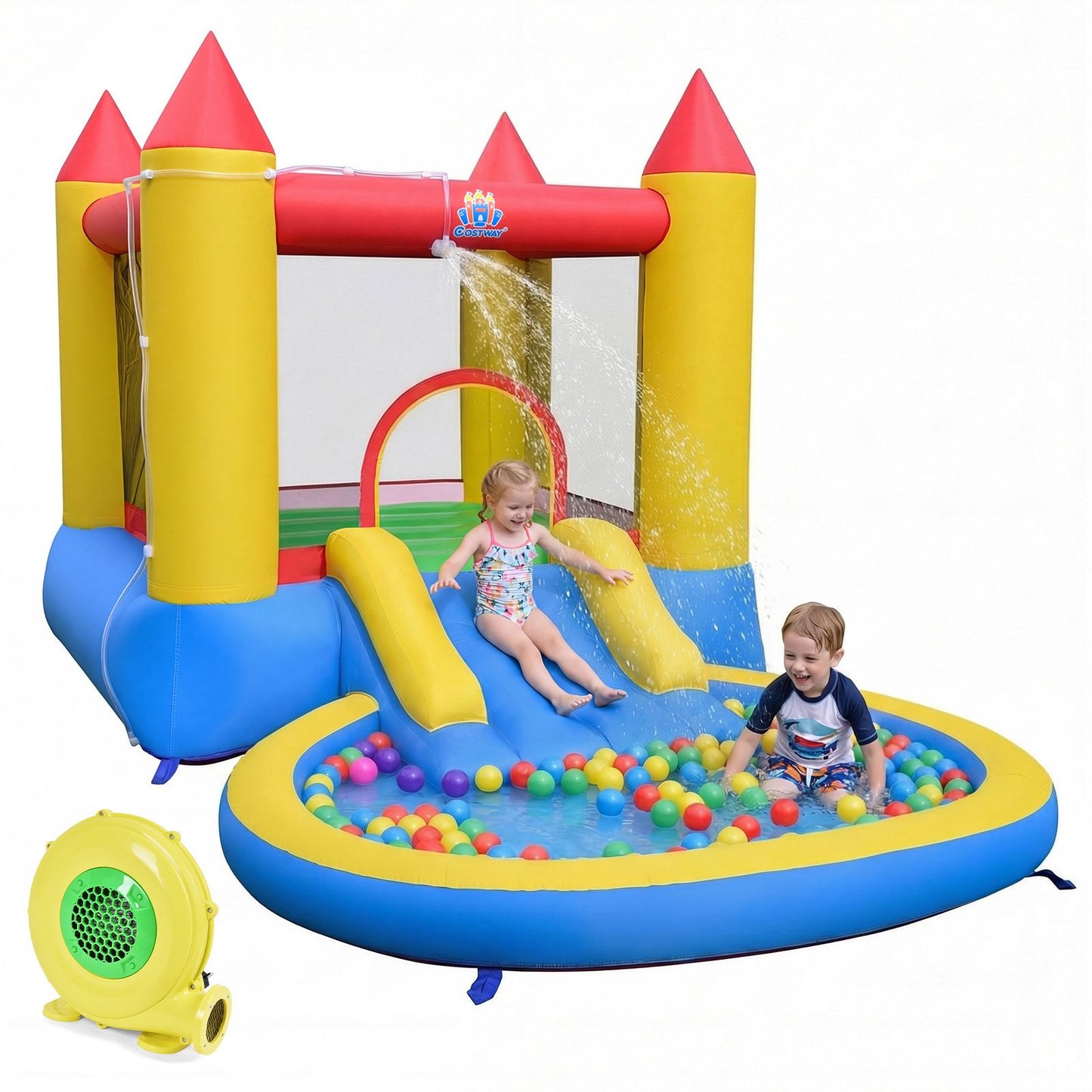 Coast 3-in-1 Opblaasbaar Springkasteel met Glijbaan en Ballenbad - 362 x 196,5 x 193 cm - Meerkleurig
