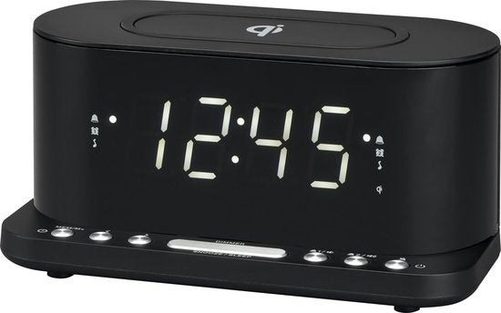 Denver Wekkerradio met Draadloze Oplader - Dual alarmklok en Dimmer - Digitale Wekker - FM Radio - USB - CRQ110 - Zwart