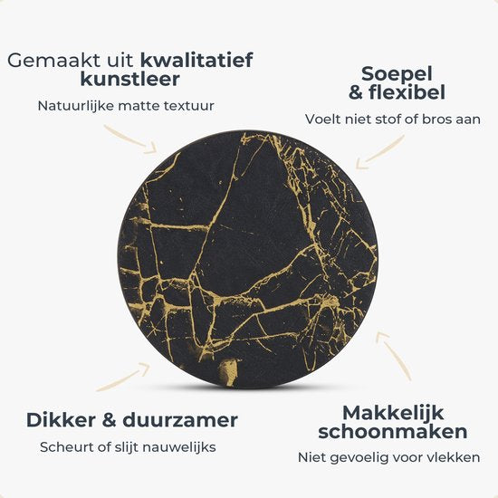 Castagnola Kunstlederen Onderzetters – Onderzetters voor Glazen – Design Onderzetters met Houder – Leren Onderzettersset – Leder – Set van 16 – Marmer look - Zwart/Goud