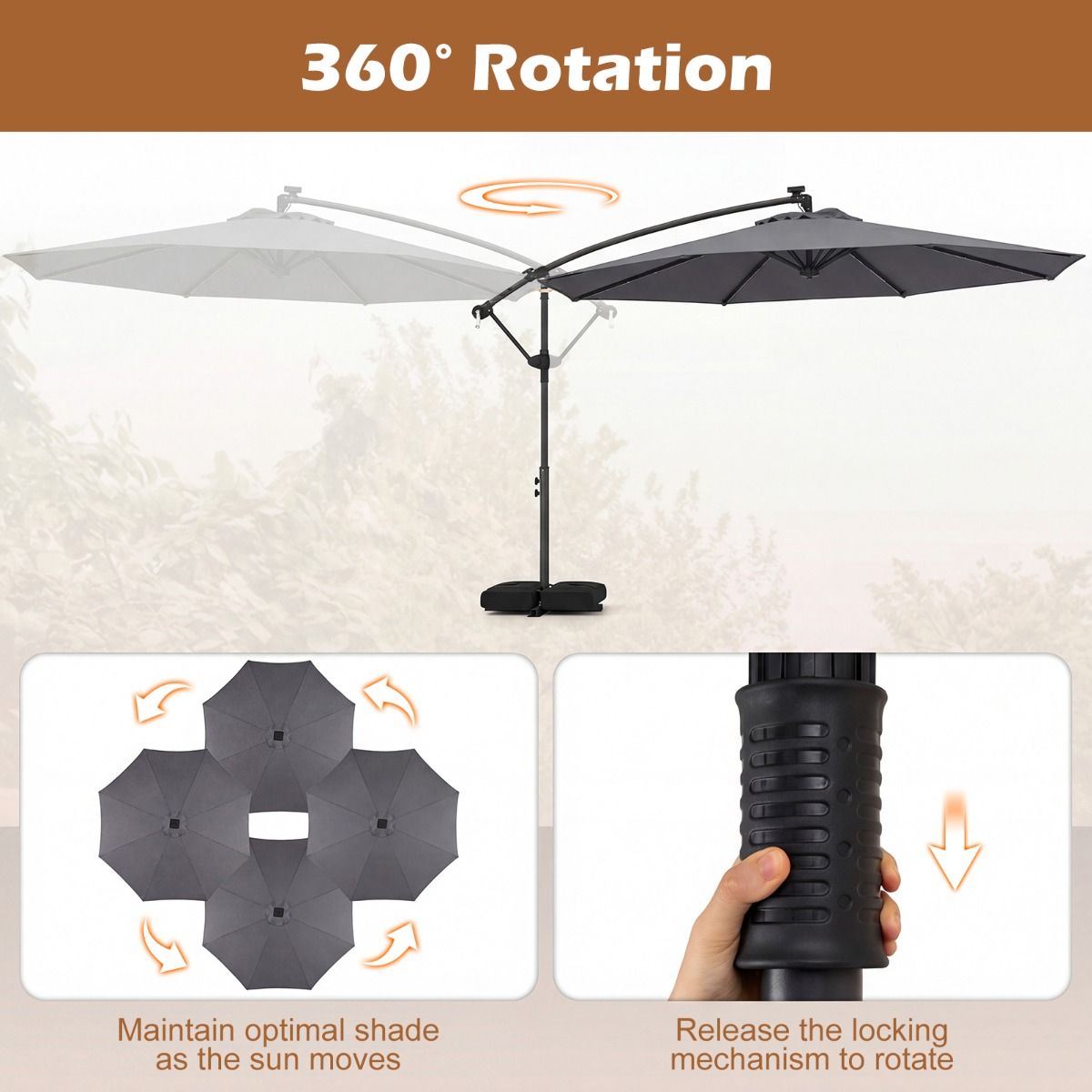 Coast tuinparasol op zonne-energie - LED-verlichting - 360° draaibaar - grijs