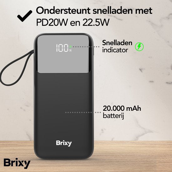 Brixy Powerbank - 20.000 mAh - 22.5W Snellader - LED Display - USB-A/USB-C - Voor O.a. iPhone & Samsung - Zwart