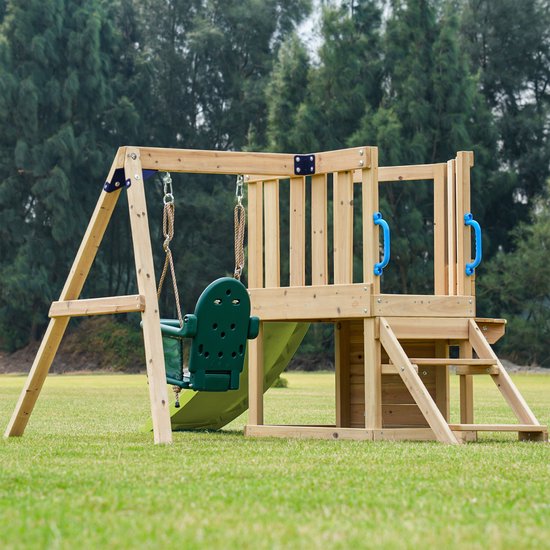 AXI Timo Mini Speeltoestel met Babyschommel, Klimwand en Krijtbord – Rode Glijbaan – FSC hout – Klein speeltoestel voor de tuin / buiten
