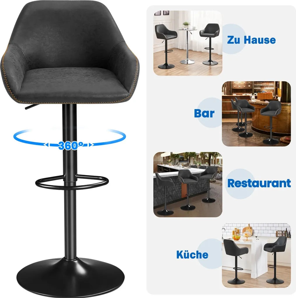 Yaheetech Barkrukken Set van 2 – Zwart Kunstleer – Verstelbaar 87,5–107,5 cm – 360° Draaibaar met Rugleuning en Voetsteun