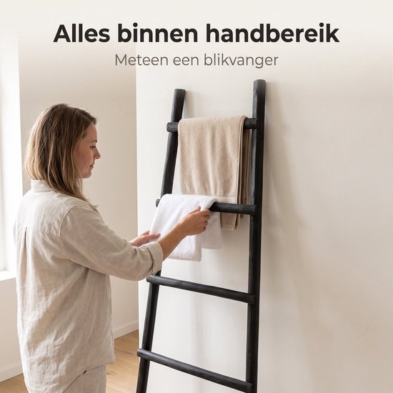 Cheqo® Decoratieladder - Handdoekladder - Houten Decoratieladder - Zwarte Decoratieladder - Ladderrek - Handdoekenrek - Sierladder - Badkamer Ladder - Kledingladder - Decoratieve Ladder voor Binnen - Ladder voor Plaids - Woonladder