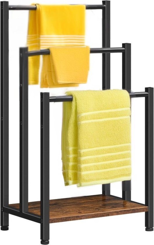 Ceruzo Handdoekrek - Industrieel- Vrijstaand - Metaal - 3 Armen - Mat Zwart-Houtlook-Badkamer / Keuken