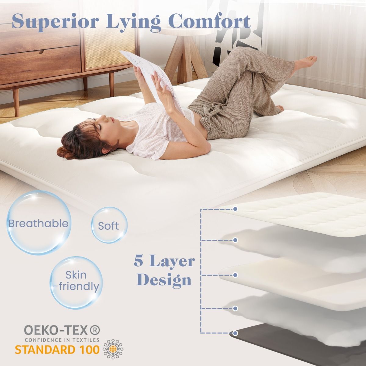 Coast Futonmatras - Opvouwbare vloer- en slaapmat - Wasbare hoes - Beige/Blauw/Bruine beer