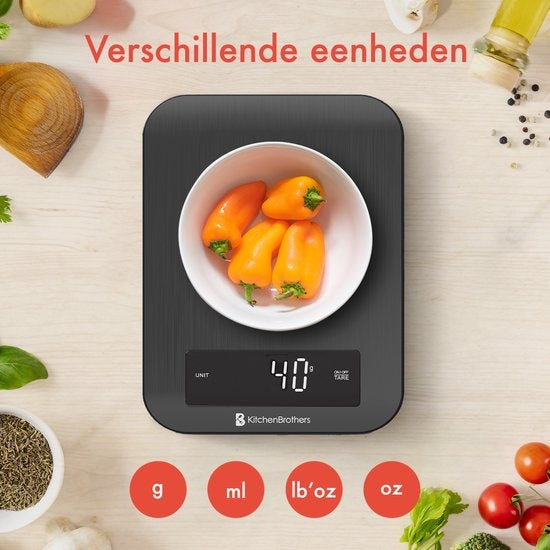 KitchenBrothers Keukenweegschaal - Weegschaal Keuken - Digitaal - 1g tot 10kg - Inclusief Batterijen - RVS/Gunmetal Black