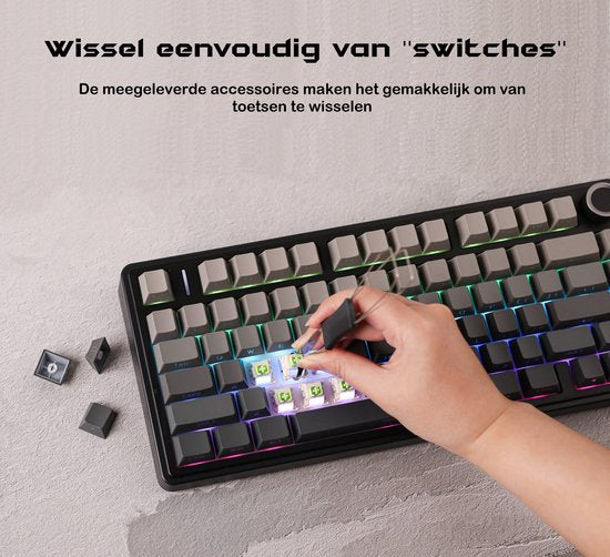 EPOMAKER x AULA F75 - Zwart/Grijs - Mechanisch Draadloos Toetsenbord - RGB - 75% - QWERTY - Gaming Toetsenbord - Reaper Switch