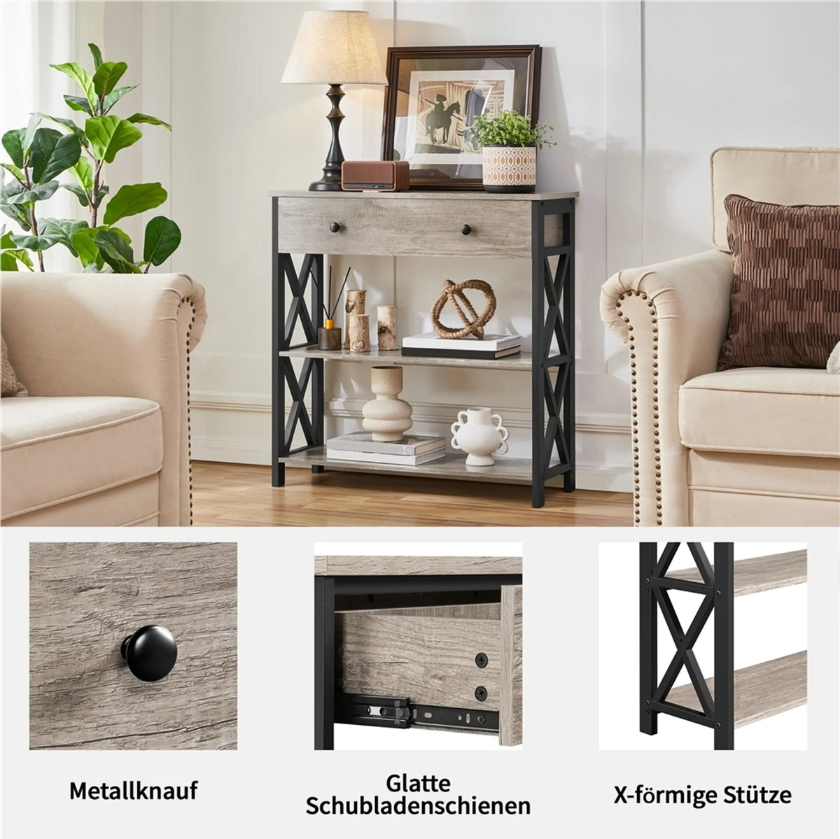 Yaheetech Wandtafel 80x29,5 cm met Schuiflade en 2 Legplanken – Grijs – MDF en Metaal