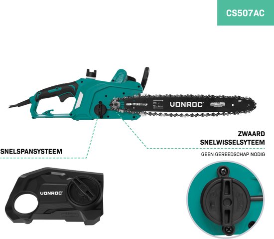 VONROC Elektrische Kettingzaag 2000W – Zwaardlengte: 40 cm – Kettingsnelheid: 15 m/s – Zelfsmerende ketting