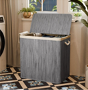 Juskys Bamboe wasmand - 150 liter - 3 compartimenten - grijs - met deksel