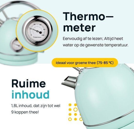 MOA Waterkoker Retro - 1.8L - RVS - BPA vrij - 2200W - 21.30x21.40x28.60 cm - Pastel Groen