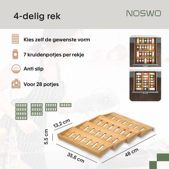 Noswo Kruidenrek Lade - 4 Laags - Voor 28 Kruidenpotjes - RVS - Bamboe
