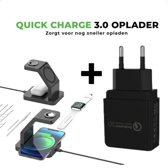iSETCHI – Draadloze Qi & Magsafe Oplader 3-in-1 – 15 Watt – Zwart Kunststof – Inclusief QC 3.0 Adapter – Voor iPhone, Apple Watch & Airpods – Georganiseerde Werkplek