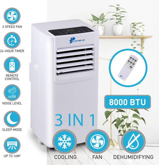 Lifetime Air Mobiele Airco – Voorzien Van 24-uurs Timer En Slaapstand En Digitaal Led-scherm – Voor Ruimtes Tot 16 m² – Wit Kunststof – 8000 BTU