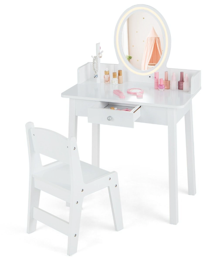 Coast Kinderkaptafel en Stoelset - 2-in-1 Bureau, Tweekleurige LED-Spiegel, Anti-kantel - 60 x 35 x 96 cm - MDF/Grenen Hout - Wit