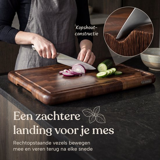 Deleca Walnoot Kopshouten Snijplank met Sapgeul - Hakblok Hout - Anti-slip / Handgrepen – Signature Amerikaans Walnoten Kopshout - 43x33x3 cm