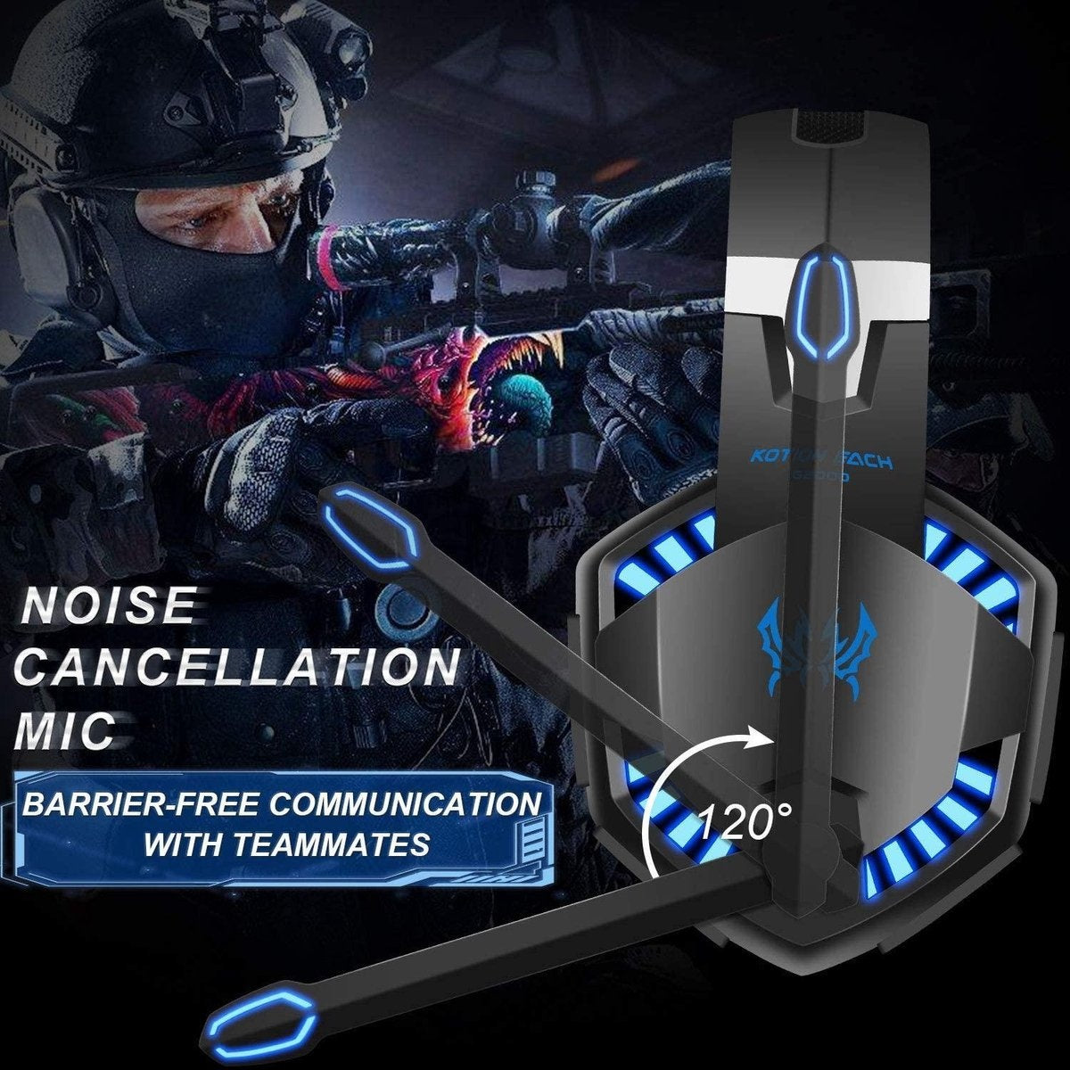 KOTION EACH G2000 gaming-headset - Zwart/Blauw - Geschikt voor PS4, Xbox One, Switch & Windows