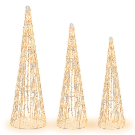 Coast Verlichte Kerstkegelbomen Set van 3 – Warmwit LED – Sterrenslingers – Wit – 81 / 72 / 62 cm – Voor Binnen & Buiten