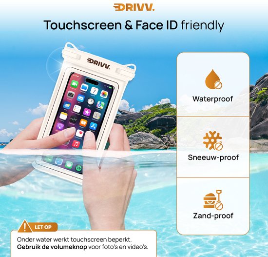 Drivv. Luxe Waterdicht Telefoonhoesje – Drijvend - Dubbele Klipsluiting - Telefoons tot 6.8 inch – Onderwater Hoesje Telefoon - Beige