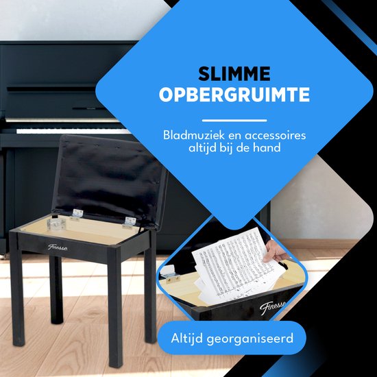 Finesse Pianokruk - met Opbergruimte - Zacht Kussen - Pianobank - Pianostoel - Zwart