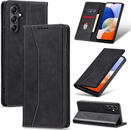 Podec Hoesje met Pasjeshouder geschikt voor Samsung Galaxy A14 Zwart Telefoonhoesje - Anti-Shock Bookcase Cover met 1x Screenprotector