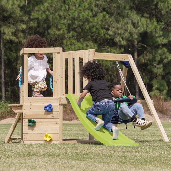 AXI Timo Mini Speeltoestel met Babyschommel, Klimwand en Krijtbord – Rode Glijbaan – FSC hout – Klein speeltoestel voor de tuin / buiten