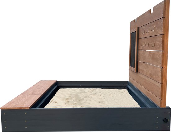AXI Mandy XL zandbak 130 x 120 cm met opbergruimte en deksel Antraciet/bruin – Met bankje en krijtbord - Inclusief gronddoek - 10 jaar garantie!