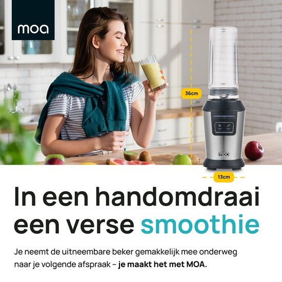 MOA Blender - Blender to Go - Mini Blender - 2 Tritan Bekers van 600ml - Smoothie Maker - 800W - Zilverkleurig - MB10S