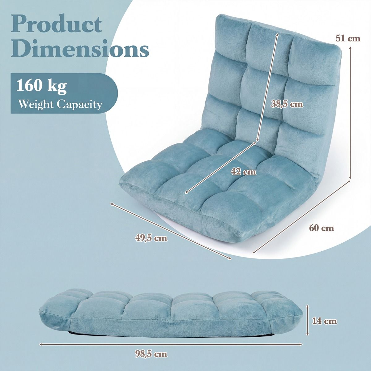Coast Opvouwbare Vloerstoel - 14 standen verstelbare rugleuning - Schuim met hoge dichtheid - Koraalkleurig fluweel - 49,5 x 60 x 51 cm