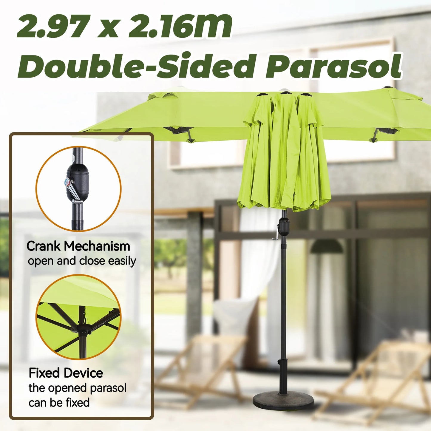 Angel Living dubbele parasol - 2,97 x 1,53 m - met zwengel - UPF 50+ - appelgroen