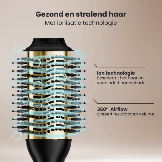 Auronic 4-in-1 Föhnborstel - Airstyler - Kammen - Stijlen - Krullen - Föhnen - 37 mm Krulborstel - 360 Graden Airflow - Zwart/Goud