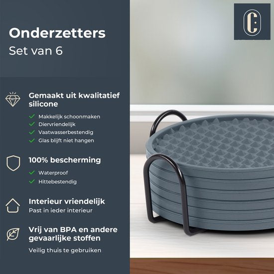 Castagnola Siliconen Onderzetters – Onderzetters voor Glazen – Design Onderzetters met Houder – Onderzettersset – Anti Slip - Set van 6 – Grijs