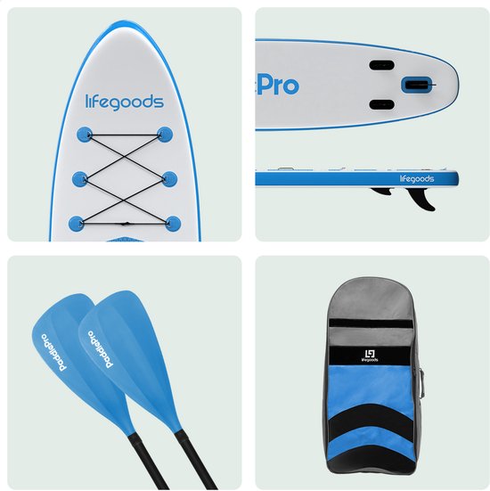 LifeGoods PaddlePro SUP Board - met Zitje - Opblaasbaar Paddle Board - Complete Set - Max. 135KG - 320x81cm - Wit/Sky Blue