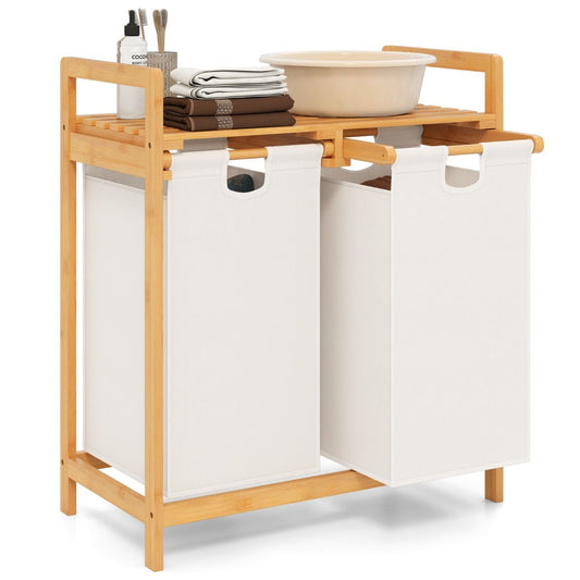 Coast Bamboe Wasmand 2-Sectie 64x33x73cm met Twee Uitneembare Waszakken, Bovenste Plank, Natuurlijk/Wit
