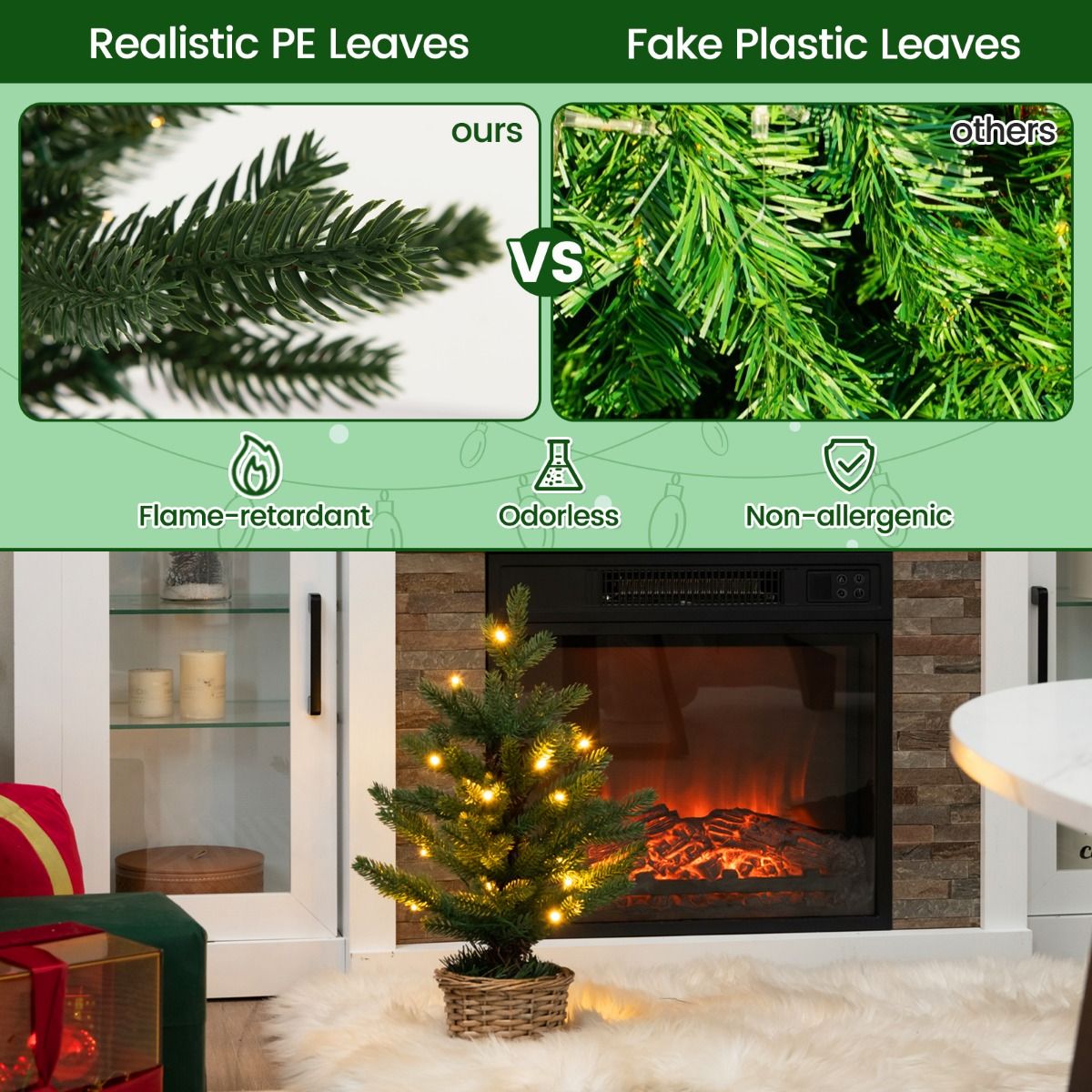 Coast Verlichte Kunstmatige Minikerstboom in Pot – 48 cm Hoog – Groen/Natuur – 96 Takuiteinden – 20 Warmwitte LED Lampjes – Timer – Rieten Pot