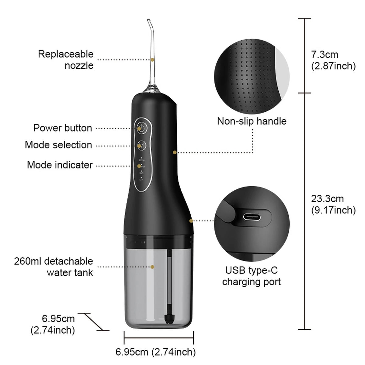 Sunluxy Draadloze Waterflosser L5 - Zwart - 140 PSI - 4 Standen - 260 ml Reservoir - 5 Opzetstukken - IPX6 - 7,4 x 7 x 24 cm