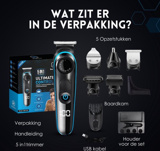 5-in-1 Baardtrimmer Mannen - 5 Verwisselbare Opzetstukken - Trimmer Baard en Lichaam - Bodygroomer - Neus en Oortrimmer