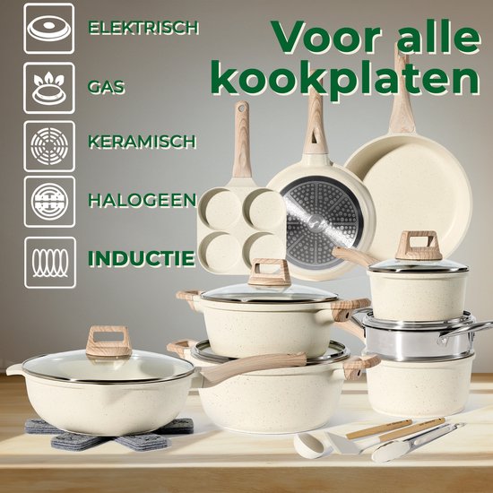 Just Perfecto Pannenset - 21-delig - Antiaanbak - Inductie - Beige graniet